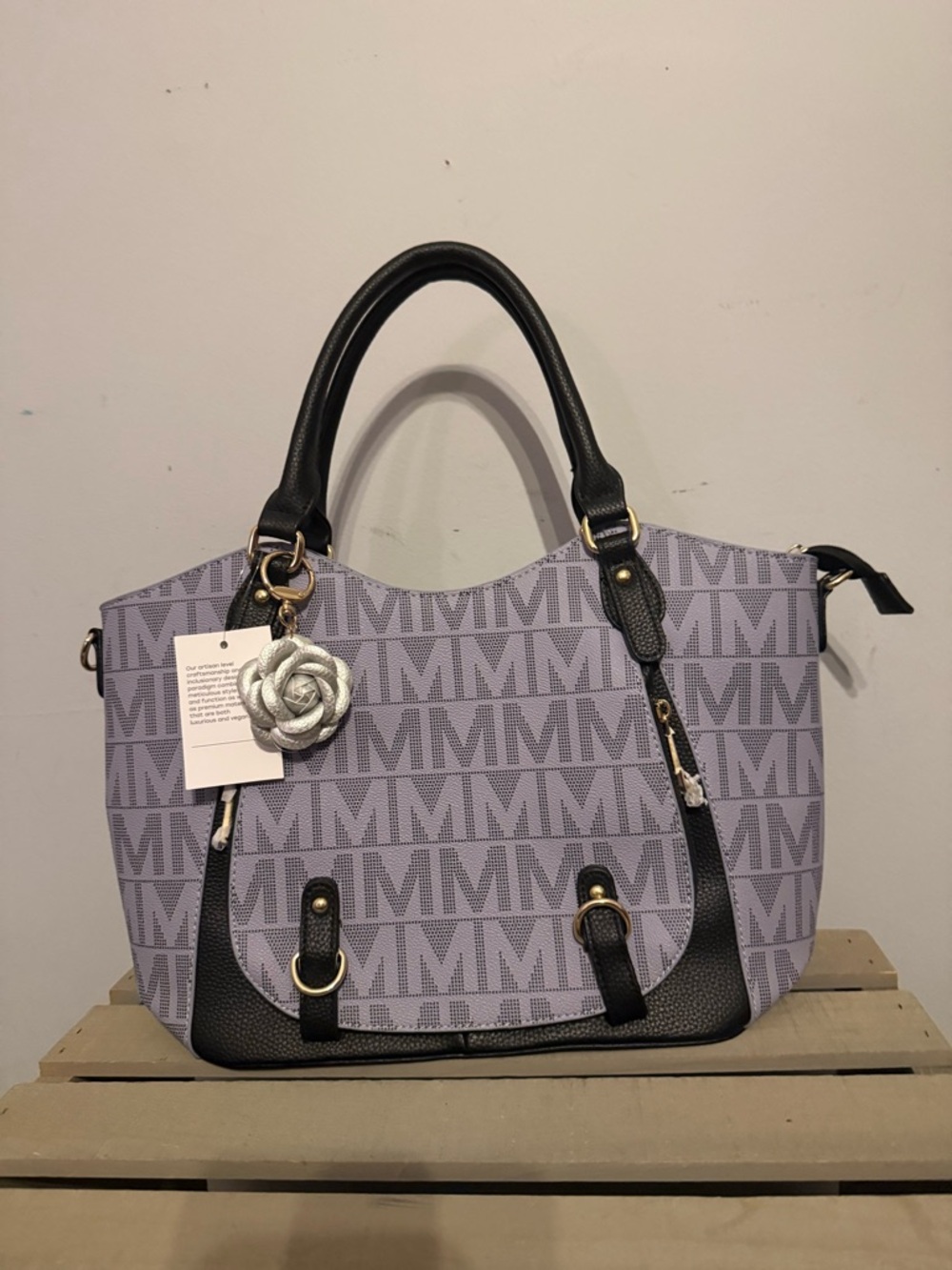 Lavender Patterned Satchel with Black Trim